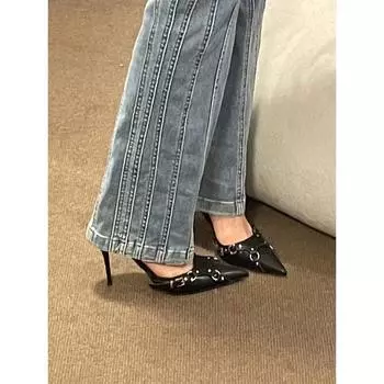 Сексуальные туфли на высоком каблуке знаменитости женские новинка 2025 года осень и зима заостренный нос тонкий каблук черный светлый рот одиночные туфли нишевый дизайн смысл 34