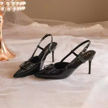 Сексуальные туфли на высоком тонком каблуке с острым носком, весна 2024, женские одинарные туфли, универсальные полые туфли с V-образной пряжкой, однословная пряжка 34