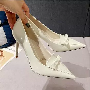 Сексуальные туфли с бантом на высоком каблуке 2024 года, новые женские туфли-лодочки, трендовая женская обувь, удобные туфли-лодочки без застежек, женские туфли на тонком каблуке для вечеринок 34 бежевый