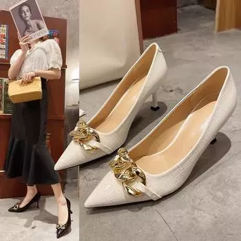 Сексуальные туфли с металлическими украшениями, женская мода, остроносые свадебные туфли, повседневная женская обувь на высоком каблуке, новые женские туфли 34 белый