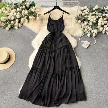 Сексуальные юбки на бретельках с открытой спиной, одежда для отдыха High Sense, обтягивающая талию, утягивающее платье для мытья полов, длинное платье, пляжное платье на берегу моря S чёрный