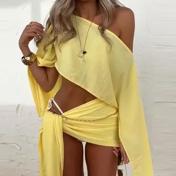 Сексуальные юбки, женские хлопковые льняные одноплечевые асимметричные топы, комплект из 2 предметов, женская летняя открытая пляжная юбка со шнуровкой S