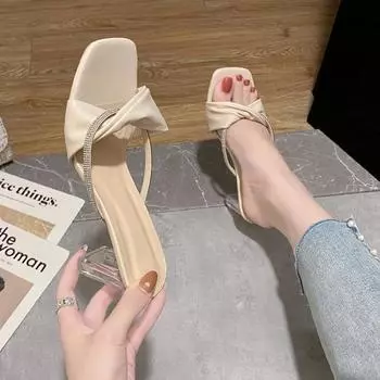 Сексуальные удобные туфли на высоком каблуке со стразами, женские туфли на толстом каблуке, новинка 2024 года, летняя одежда, квадратные босоножки с открытым носком, женские 35 бежевый