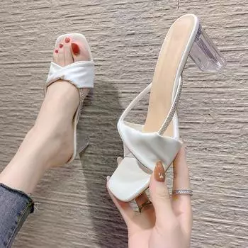 Сексуальные удобные туфли на высоком каблуке со стразами, женские туфли на толстом каблуке, новинка 2024 года, летняя одежда, квадратные босоножки с открытым носком, женские 38 чёрный