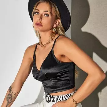 Сексуальные укороченные топы без бретелек с v-образным вырезом, женская рубашка без рукавов с перекрестной повязкой и открытой спиной XS чёрный