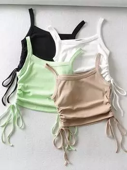 Сексуальные укороченные топы на шнурке с рюшами, женская майка на бретельках с открытой спиной, модный топ без рукавов, женский укороченный жилет без рукавов S белый