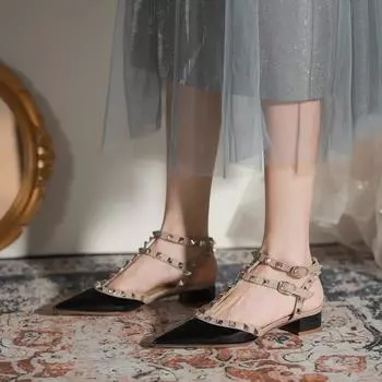 Сексуальные вечерние босоножки с заклепками и острым носком для женщин 2024 года, новые летние универсальные роскошные босоножки из натуральной кожи на толстом высоком каблуке для женщин 33