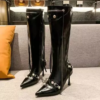 Сексуальные высокие каблуки роскошные женские высокие сапоги брендовые дизайнерские готические туфли с острым носком осенние челси новые рок кожаные ботинки женские 35