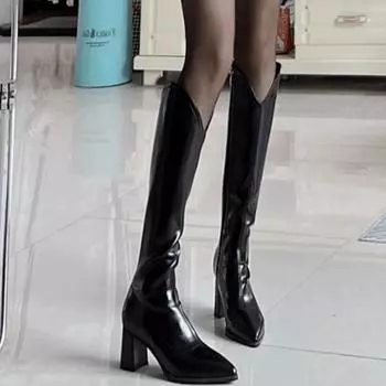 Сексуальные высокие каблуки женские высокие сапоги с острым носком до колена массивные туфли из искусственной кожи модные зимние сапоги 2024 года трендовые туфли-лодочки Mujer Zapatos 34 чёрный