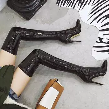 Сексуальные высокие сапоги женские модные черные сапоги выше колена фетиш-обувь из искусственной кожи с острым носком на высоком каблуке длинные туфли тонкие 34 бежевый