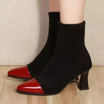 Сексуальные замшевые женские ботильоны-носки с острым носком, зимние новые туфли на высоком каблуке, массивные готические туфли-лодочки для женщин, ботфорты 35 красный