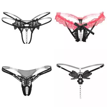 Сексуальные жемчужины сексуальные экстремальные открытые перфорированные стринги кружева бабочка комплект из 4 J [Tobewell] женские шорты, стринги, нижнее белье, нижнее белье, женская промежность,