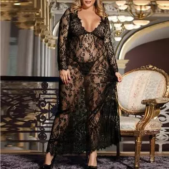 Сексуальные женщины Negligee Nightie Lingerie Lace Beautiful Black Lingerie Long Skirt L чёрный
