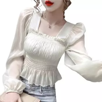 Сексуальные женщины с длинными пышными рукавами и квадратным вырезом на талии из плотного шифона M серый