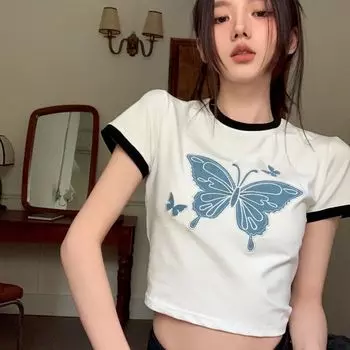 Сексуальные женские бандажные футболки для девочек, черные, белые футболки Y2k, футболки с короткими рукавами и круглым воротником для женщин S