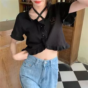 Сексуальные женские бандажные футболки Твердые женские футболки Y2K Уличная одежда Короткие рукава женские футболки M чёрный