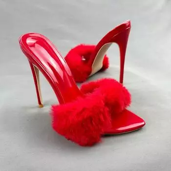 Сексуальные женские босоножки с меховым покрытием красного цвета на каблуках 12 см, свадебные туфли, женские тапочки, большие размеры 33-45 33