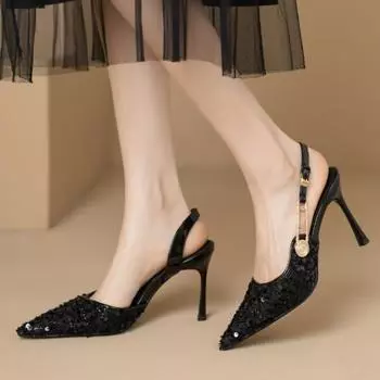 Сексуальные женские босоножки с острым носком 2024 года, весна-лето, новая мода, каблук-шпилька, однотонные, элегантные, на высоком каблуке, женские туфли 34 чёрный