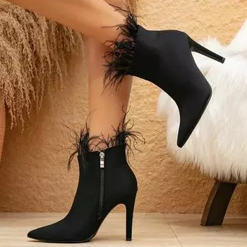 Сексуальные женские ботильоны из искусственного меха, элегантные, на тонком высоком каблуке, с острым носком и боковой молнией, модные черные ботинки для женщин, Botas De Mujer 35