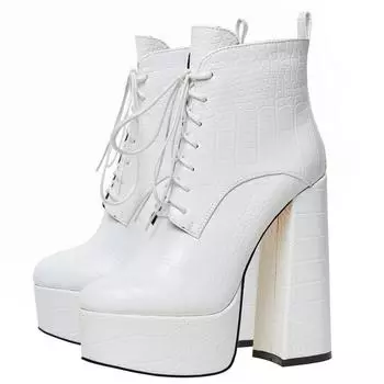 Сексуальные женские ботильоны на платформе 2024 года, зимние короткие туфли на высоком каблуке для женщин, на шнуровке, черные, белые, в полоску, большой размер 35 белый