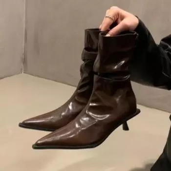Сексуальные женские ботильоны с острым носком, брендовые модные кожаные туфли на среднем каблуке для офиса, зимняя обувь 2025 года, туфли-лодочки для вечеринок, Botas Mujer 35