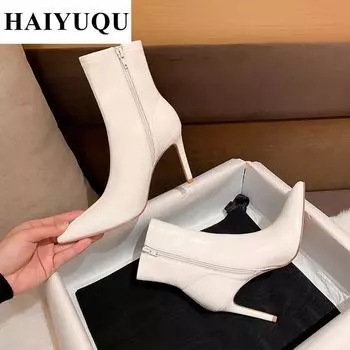 Сексуальные женские ботильоны с острым носком на высоком каблуке, зимние новые вечерние ботинки челси, трендовые готические туфли-лодочки на шпильках Botas Mujer 35