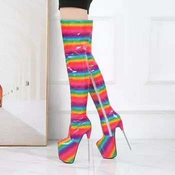 Сексуальные женские ботинки 20 см, сапоги на высоком каблуке, плиссированные туфли из лакированной кожи с круглым носком на молнии, длинные сапоги 35