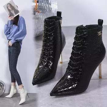 Сексуальные женские ботинки, зимние женские ботильоны на тонком каблуке, женские туфли для вечеринок, кожаные туфли на молнии, высокие каблуки Botas De Mujer 34 чёрный