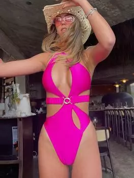 Сексуальные женские цельные купальники на одно плечо с поясом, ярко-розовые женские купальники, Монокини с вырезами, купальный костюм, пляжная одежда M розовый