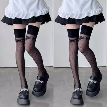 Сексуальные женские чулочно-носочные изделия классические черные в мелкий горошек, высокие шелковые чулки, колготки с бантом