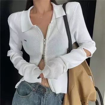 Сексуальные женские футболки на молнии, дизайнерские двухсторонние топы с внутренней стороны, черно-белые топы для девочек Y2K, модные клубные футболки S чёрный