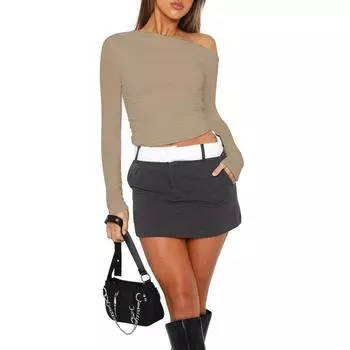 Сексуальные женские футболки с длинным рукавом и диагональным воротником, однотонные укороченные топы с косыми плечами, 2024, уличная одежда, рубашка Slim Fit, короткая футболка 01122-17 S белый