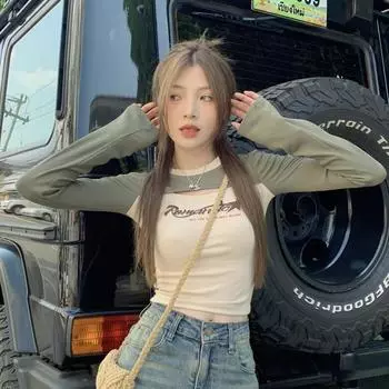 Сексуальные женские футболки с длинным рукавом для девочек Y2K Топы для уличной одежды Модные женские футболки с контролем живота Повседневные футболки с буквенным дизайном Женские топы с вырезами S suit 45kg