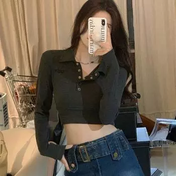 Сексуальные женские футболки с пуговицами, с длинным рукавом, однотонные футболки для девочек Y2K, повседневные женские футболки, повседневная женская одежда, топы S абрикосовый
