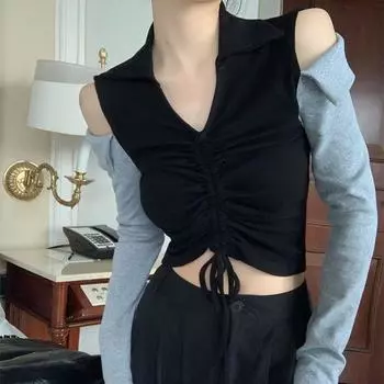Сексуальные женские футболки с v-образным вырезом и длинными рукавами на шнуровке, открытая футболка с открытыми плечами, топы Y2k, модная повседневная корейская футболка S чёрный