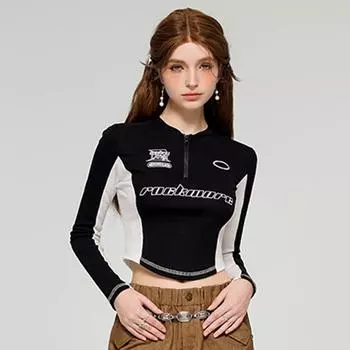 Сексуальные женские футболки Y2K, модные топы на молнии для велоспорта, женские повседневные футболки для активного отдыха S чёрный