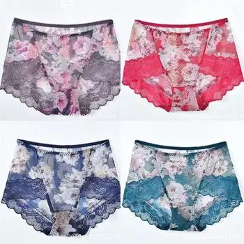 Сексуальные женские кружевные трусики, дышащие трусики большого размера, антибактериальные сетчатые бесшовные стринги со средней талией, трусы-боксеры, женские стринги с принтом M темно-фиолетового