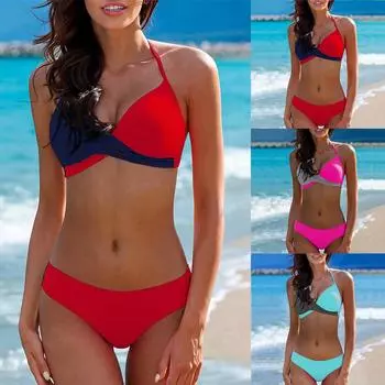 Сексуальные женские купальники бикини с высокой талией, купальные костюмы, купальный костюм с лямкой на шее, пуш-ап, комплект бикини в стиле пэчворк S синий
