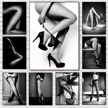 Сексуальные женские ноги, черные и; Белый художественный холст, картина, обнаженная женщина, постеры и принты, настенные художественные картины для спальни, домашний декор 21x30 No Frame