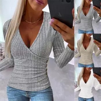 Сексуальные женские облегающие футболки с глубоким v-образным вырезом, эластичные футболки с длинными рукавами, топы S белый