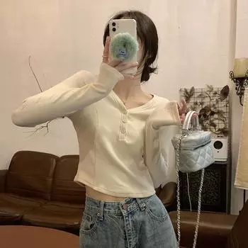 Сексуальные женские однотонные футболки с V-образным вырезом на пуговицах, женские футболки с длинным рукавом, модная одежда для женщин, футболки S абрикосовый