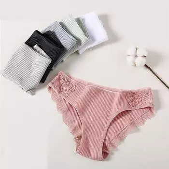 Сексуальные женские однотонные трусы со средней посадкой и кружевной отделкой в рубчик, 3 шт., хлопковые трусы XXL
