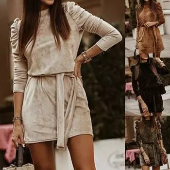 Сексуальные женские осенне-зимние однотонные длинные рукава-фонарики с поясом Bodycon Mini M абрикосовый