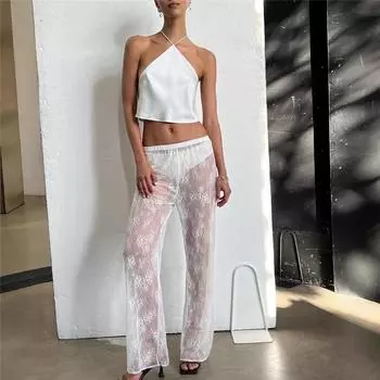 Сексуальные женские прозрачные кружевные брюки, прозрачные готические брюки с высокой талией, широкие брюки-клеш, женские брюки-клеш, клубная уличная одежда L чёрный