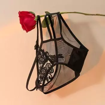 Сексуальные женские прозрачные кружевные трусы со средней посадкой, бесшовные ультратонкие сетчатые трусики с цветочной вышивкой и бантом, декор XL чёрный