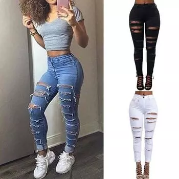 Сексуальные женские рваные джинсы, весенне-осенние женские уличные джинсы с вырезами в стиле панк, джинсовые брюки с высокой талией, узкие ковбойские джинсы, брюки L чёрный