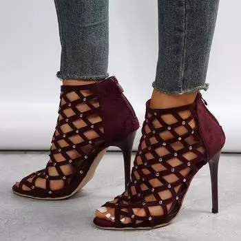 Сексуальные женские сандалии на высоком каблуке с рыбьей головой, полые заклепки и молния сзади, женская обувь большого размера в римском стиле 43 чёрный