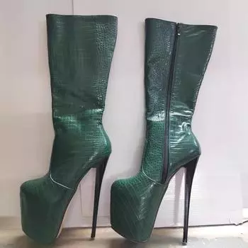 Сексуальные женские сапоги для девочек на высоком каблуке, плиссированные лакированные кожаные туфли со змеиным узором и круглым носком, на молнии 35 зелёный