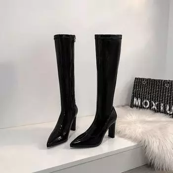 Сексуальные женские сапоги на высоком каблуке до колена, модные туфли с острым носком, осенне-зимние женские длинные сапоги-рыцари 35