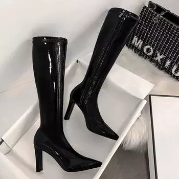 Сексуальные женские сапоги на высоком каблуке до колена, модные туфли с острым носком, осенне-зимние женские длинные сапоги-рыцари 35
